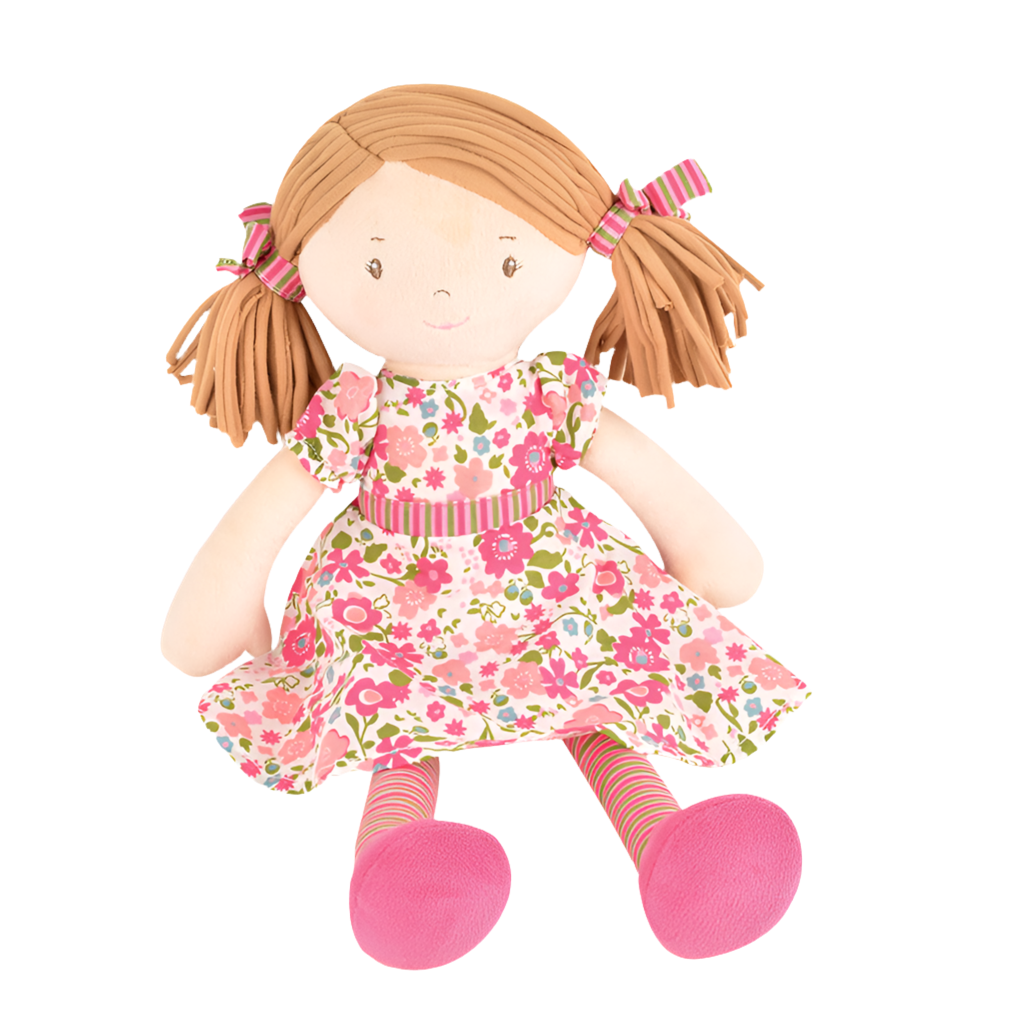 A 40cm rag doll with chocolate brown hair, wearing a floral dress and pink boots, suitable for all ages.