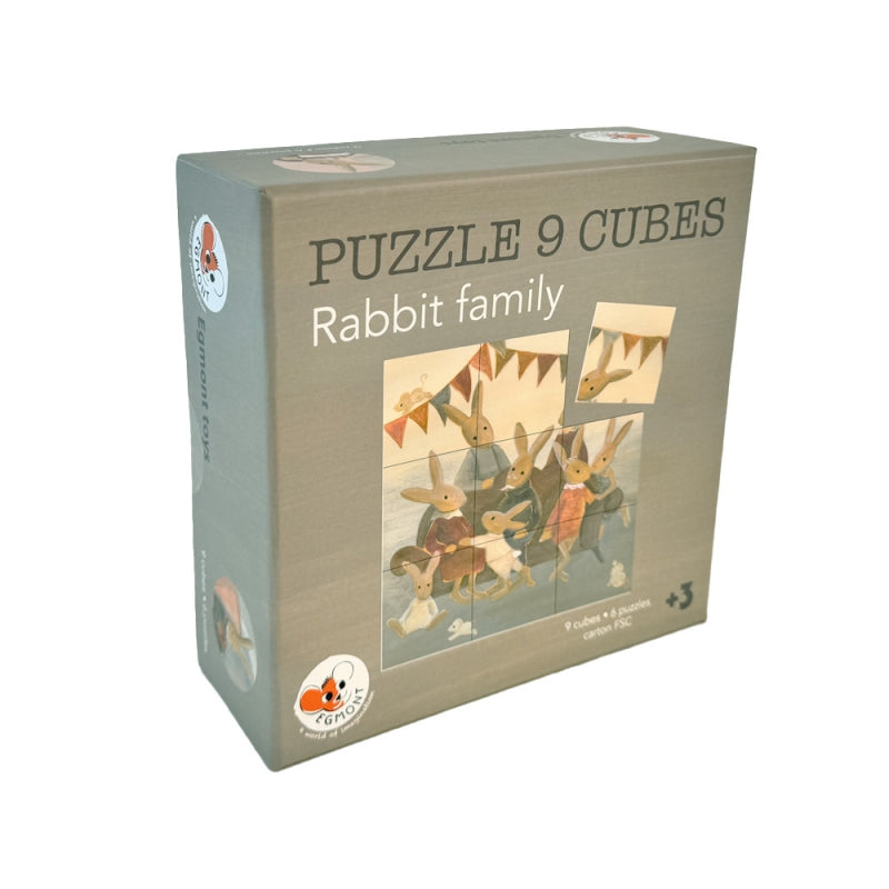 Cardboard retail box illustrated with Rabbit Family Puzzle Cubes