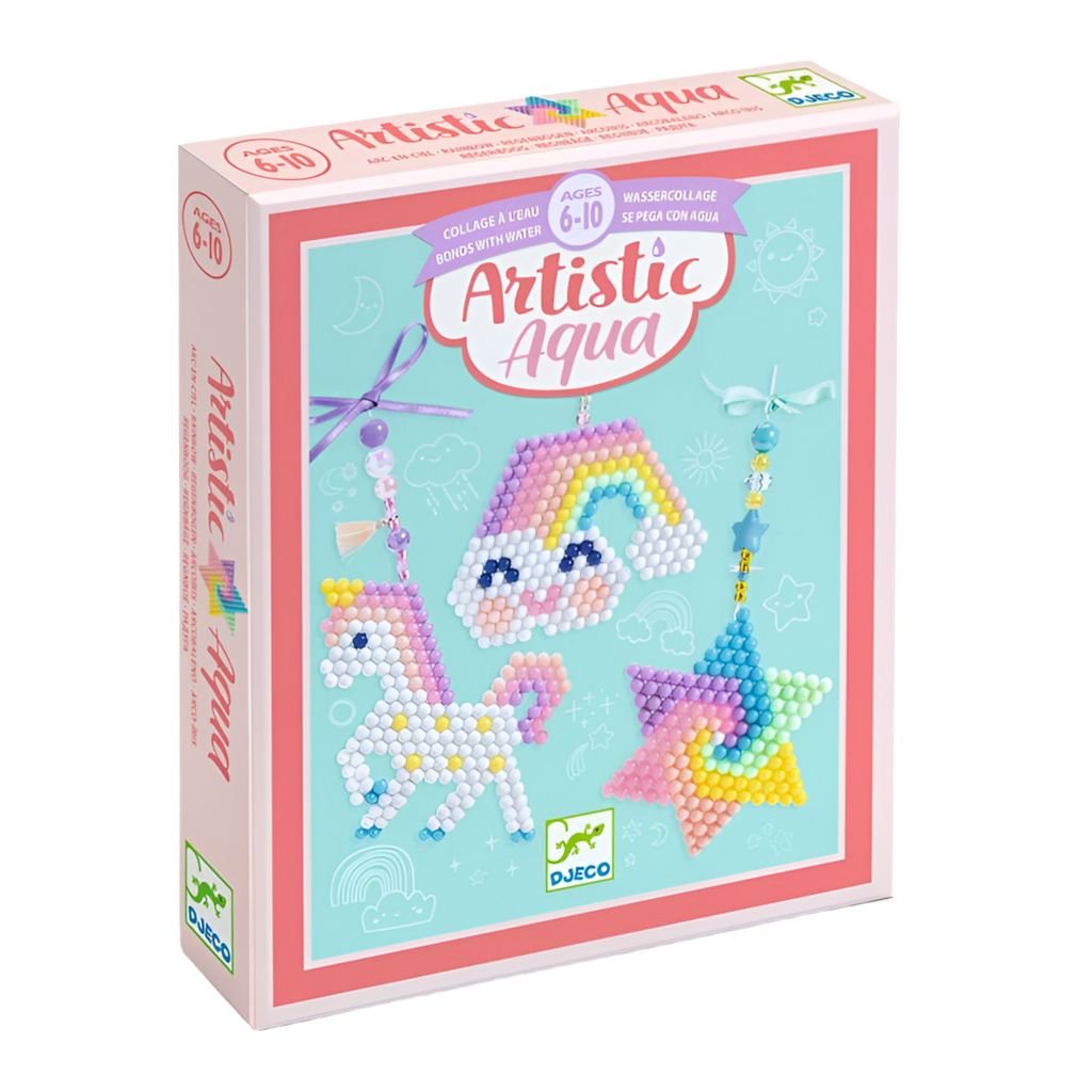 A product box for 'Artistic Aqua' featuring images of colorful bead creations, such as a unicorn and a rainbow, on a honeycomb grid.