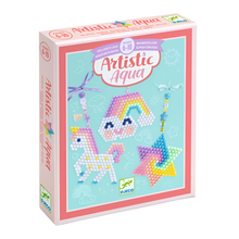 A product box for 'Artistic Aqua' featuring images of colorful bead creations, such as a unicorn and a rainbow, on a honeycomb grid.