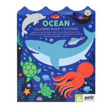 A coloring book titled 'Ocean Coloring Book + Stickers' featuring vibrant illustrations of marine life including a shark, turtle, and octopus, and accompanied by various sea-themed stickers.