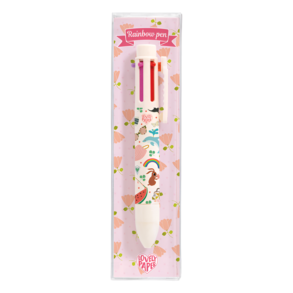 Packaging of a Rainbow Pen featuring illustrations of birds and hearts with six colored pens inside, labeled for ages 4+ years.