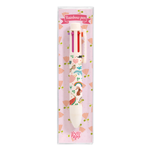 Packaging of a Rainbow Pen featuring illustrations of birds and hearts with six colored pens inside, labeled for ages 4+ years.