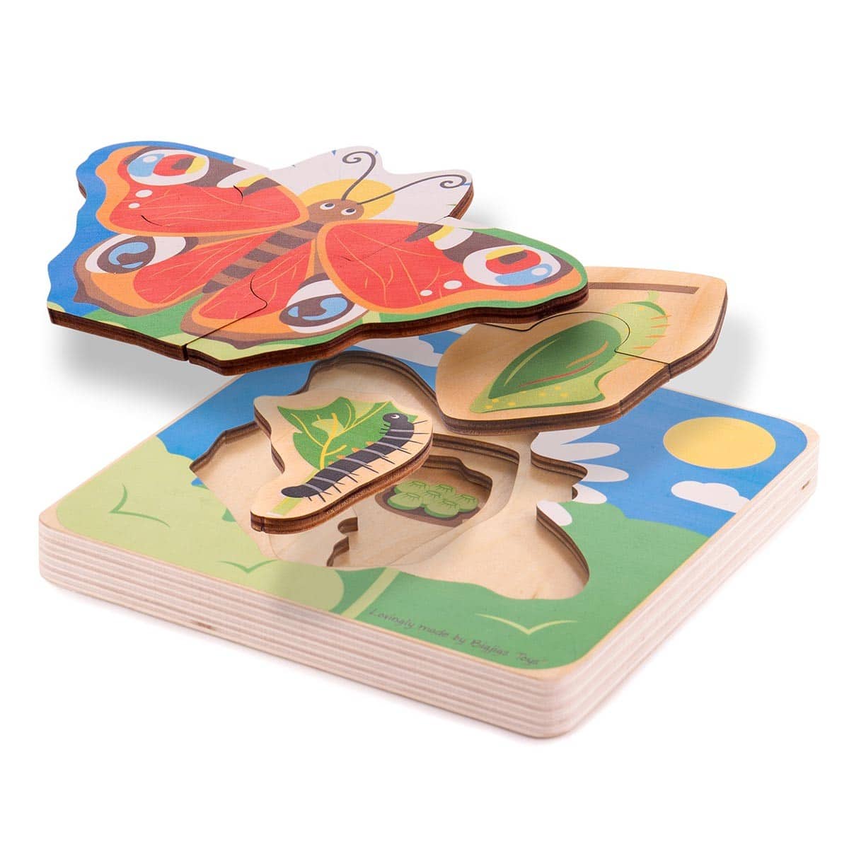 A colorful wooden layer puzzle depicting the life cycle of a butterfly, with six pieces that reveal different stages of the cycle when assembled.