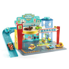A colorful wooden Crazy Motors garage playset with various Crazy Motors toy cars and accessories like a lift, ramp, and car wash.