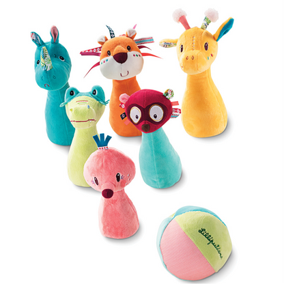 Plush jungle animal bowling pins and ball in pastel colours.