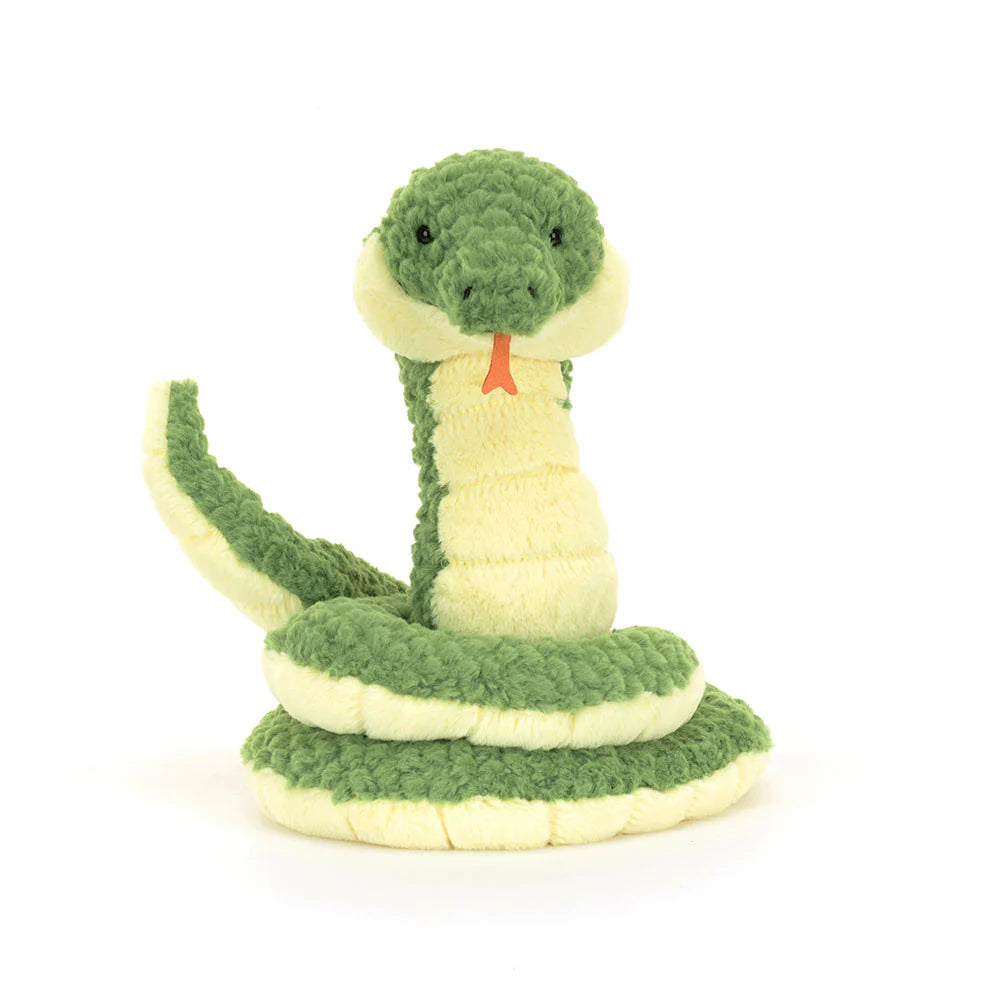 A plush toy resembling a snake with forest green and pale-yellow fur, soft textured scales, and a smiling face.