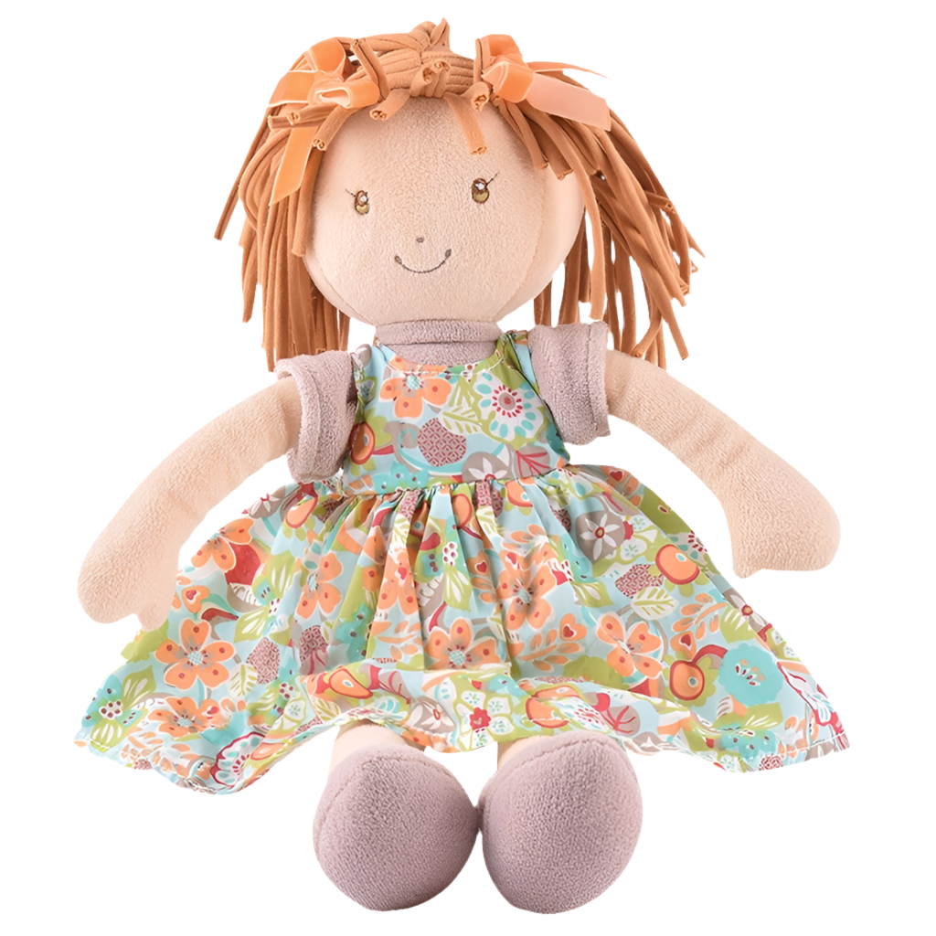 A 35cm rag doll with toffee brown hair, wearing a floral dress and two ribbons in her hair.