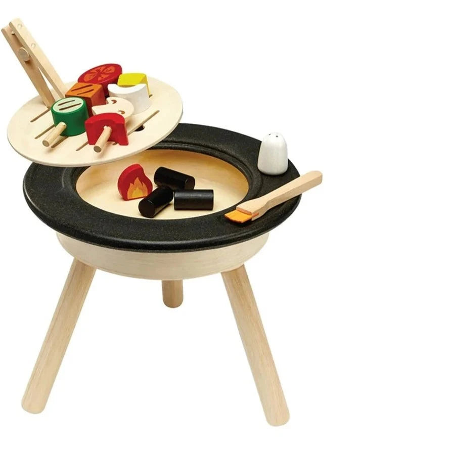 Wooden BBQ playset with tongs. coal and play food items - PlanToys at Send A Toy