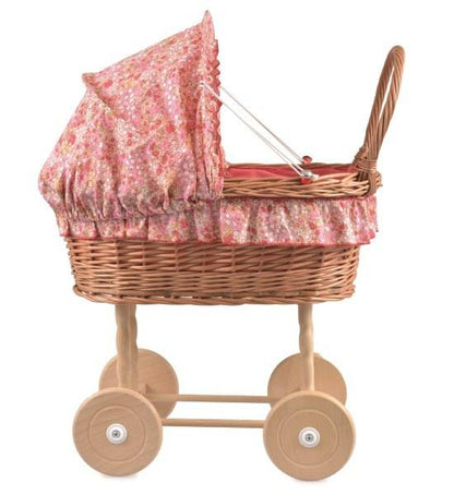 Edmonton Toys rattan Sophie doll pram with natural wood wheels and folding pink floral canopy.