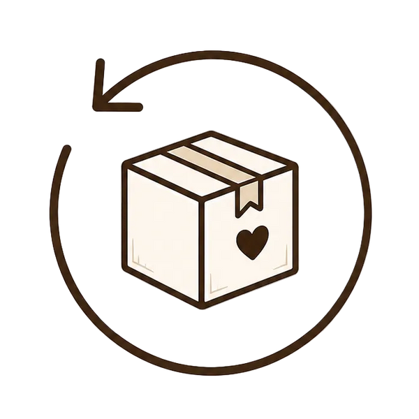 Icon of a cardboard box with a heart symbol and a circular arrow, on a white background.