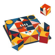 A colorful 3D puzzle game with geometric shaped wooden cubes displayed alongside a wooden stand.