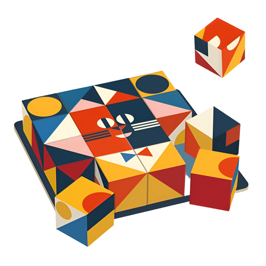 A colorful 3D puzzle game with geometric shaped wooden cubes displayed alongside a wooden stand.