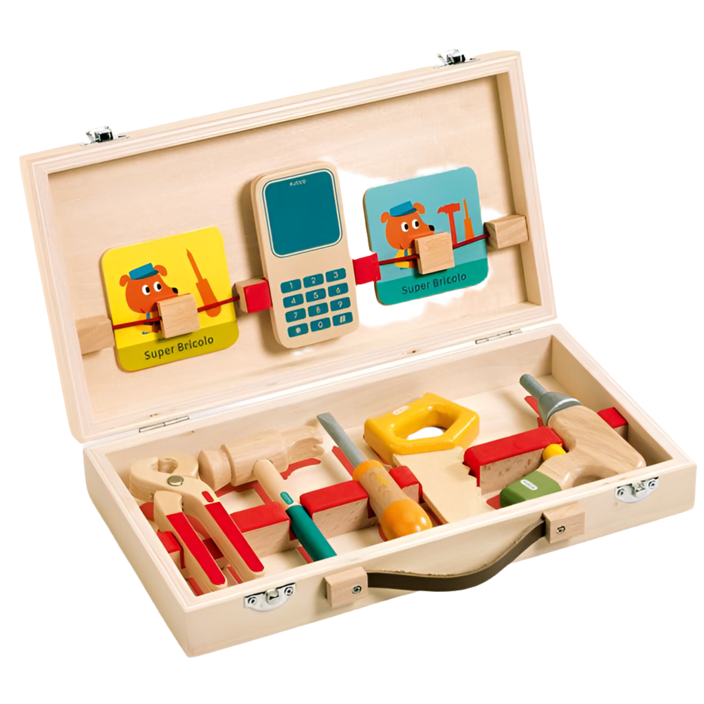Children's wooden tool kit with various colorful tools and cards, neatly arranged in an open wooden case.