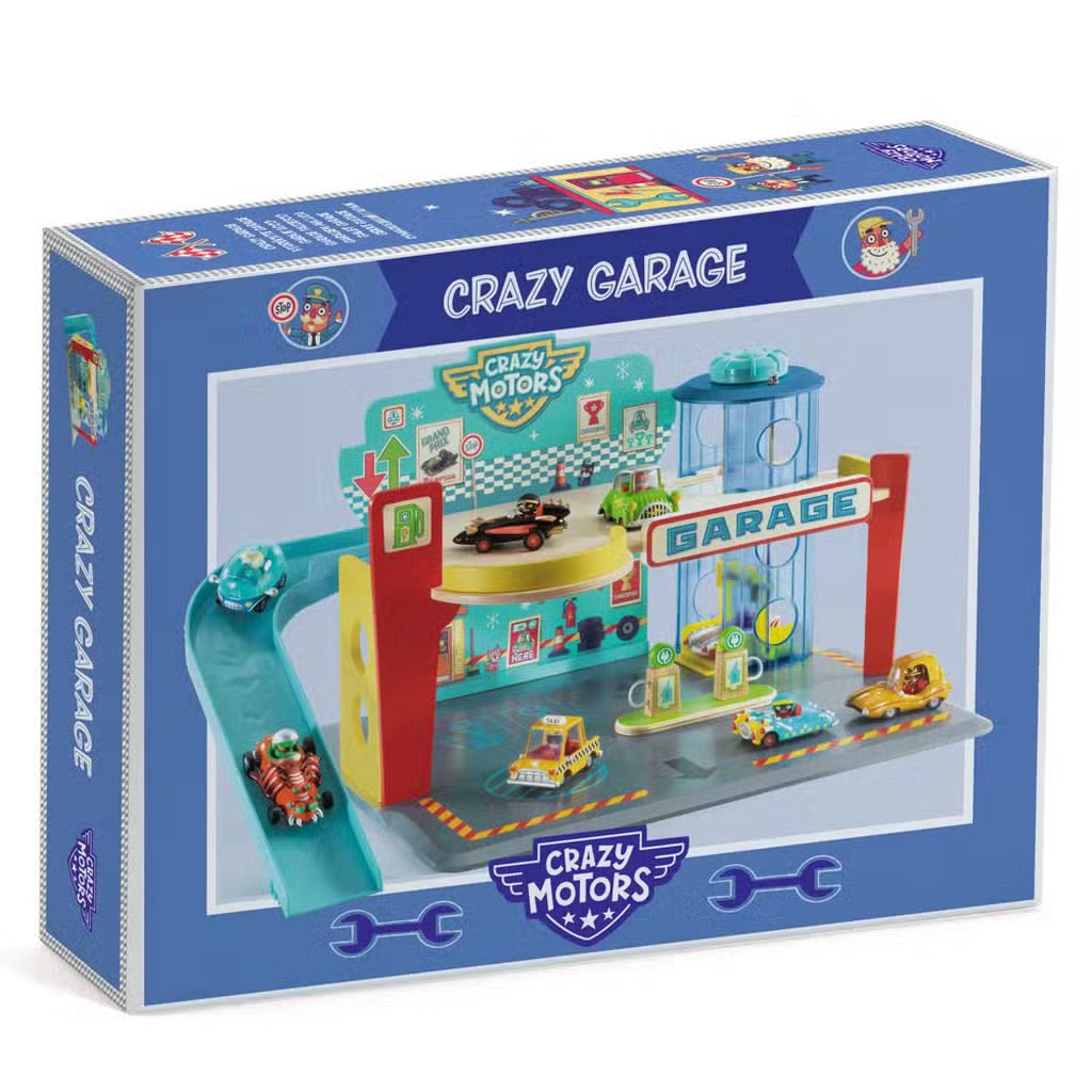 Packaging for Crazy Motors Garage toy set showing a colorful wooden garage playset with various Crazy Motors toy cars and accessories like a lift, ramp, and car wash.