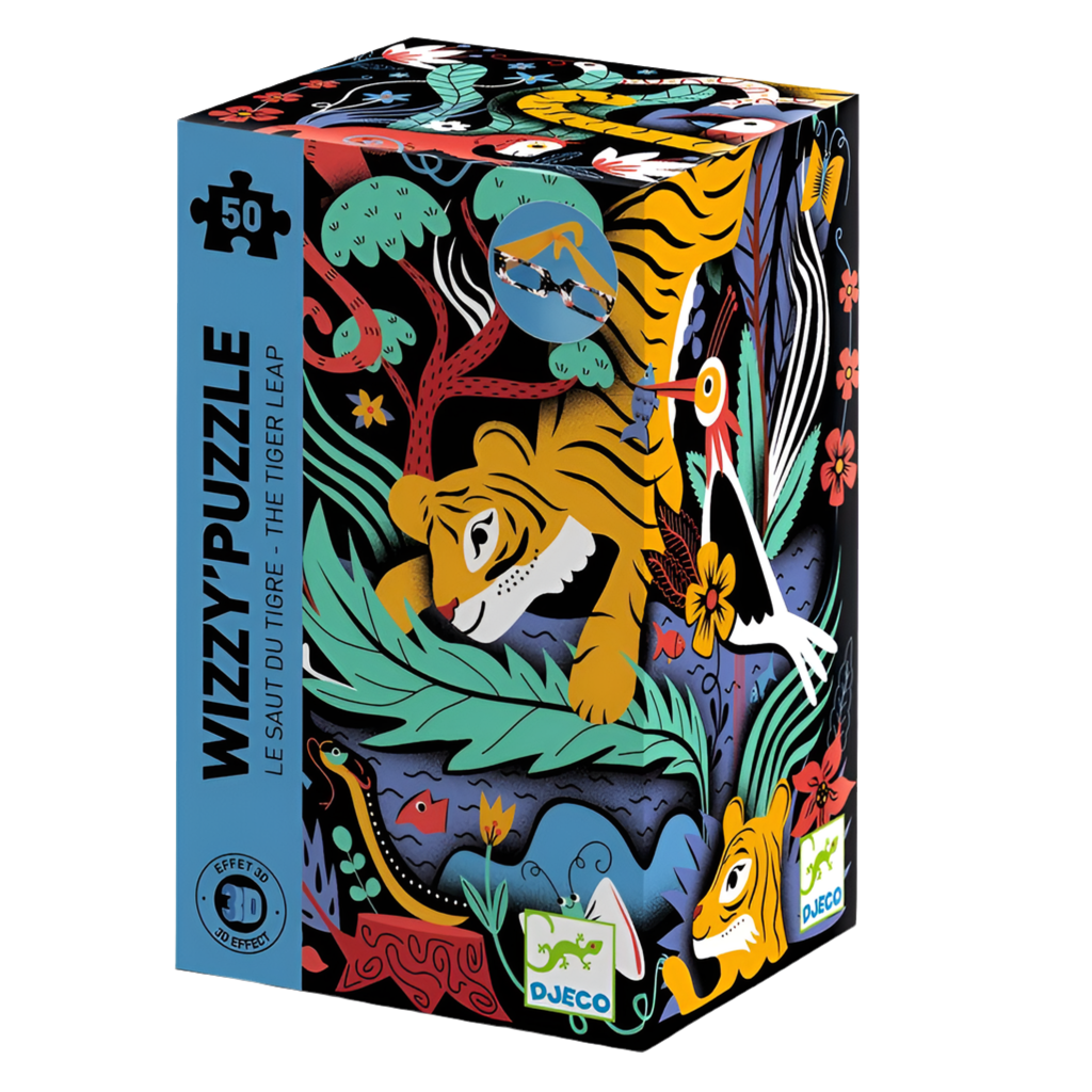 A colorful puzzle box with a depiction of a tiger and various jungle animals, indicating it's a 50-piece tiger puzzle designed for children aged 5+ years.