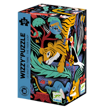 A colorful puzzle box with a depiction of a tiger and various jungle animals, indicating it's a 50-piece tiger puzzle designed for children aged 5+ years.