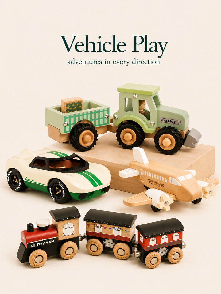 Set of wooden toy vehicles including a tractor, car, plane, and train on a light background with text 'Vehicle Play: adventures in every direction'.