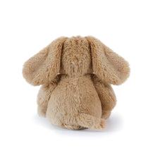 Back view of a plush toy resembling a dog on a white background