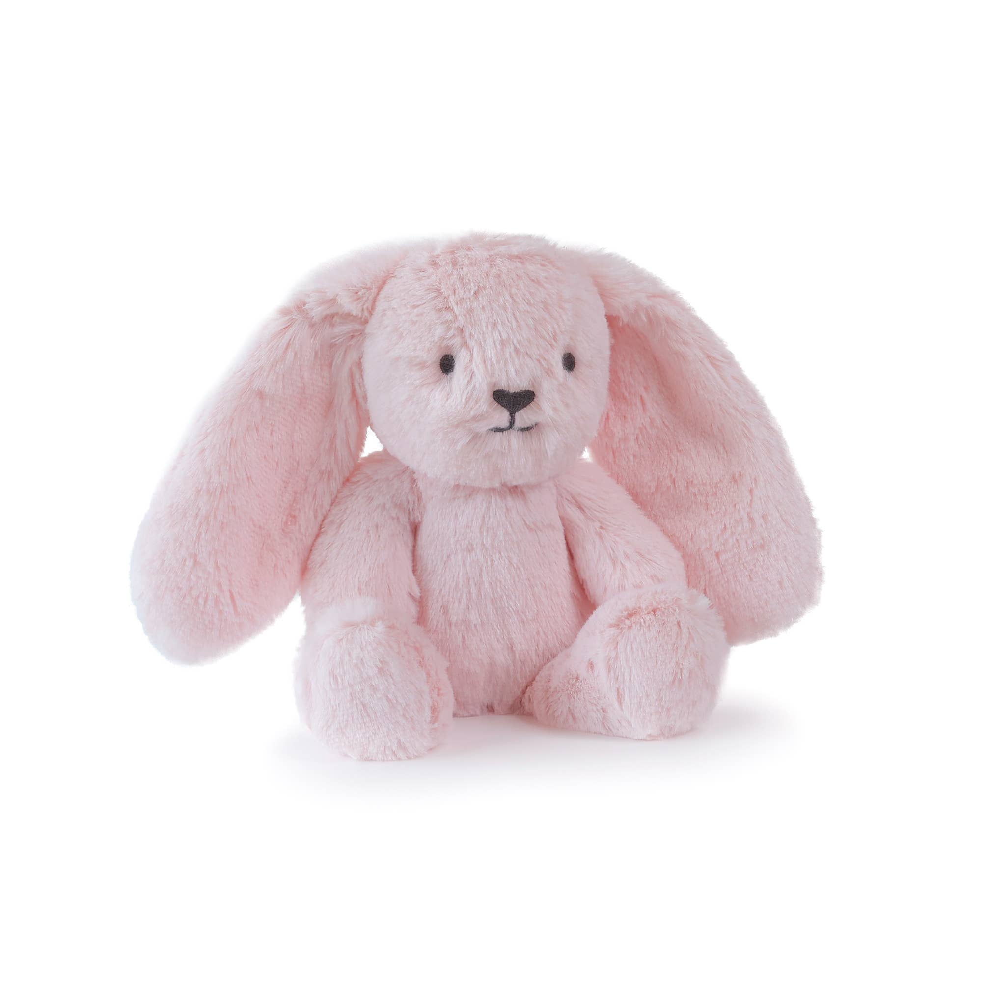 Pink plush bunny toy on a white background
