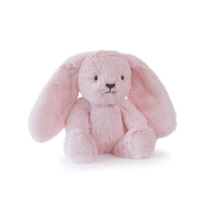 Pink plush bunny toy on a white background