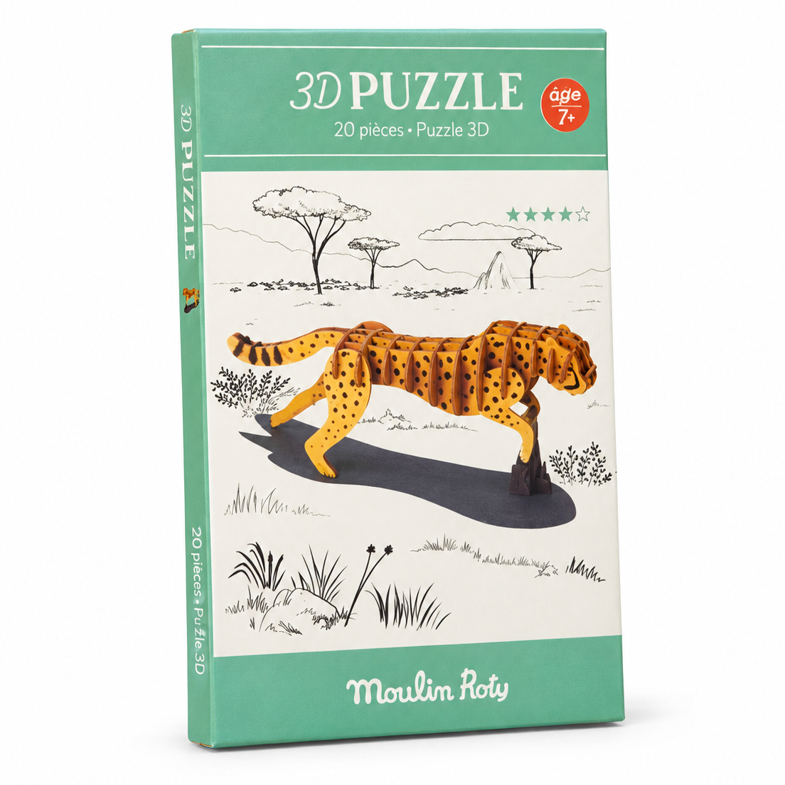 Moulin Roby 3D Puzzle box for children, featuring a cheetah safari illustration on a mint green and white package.