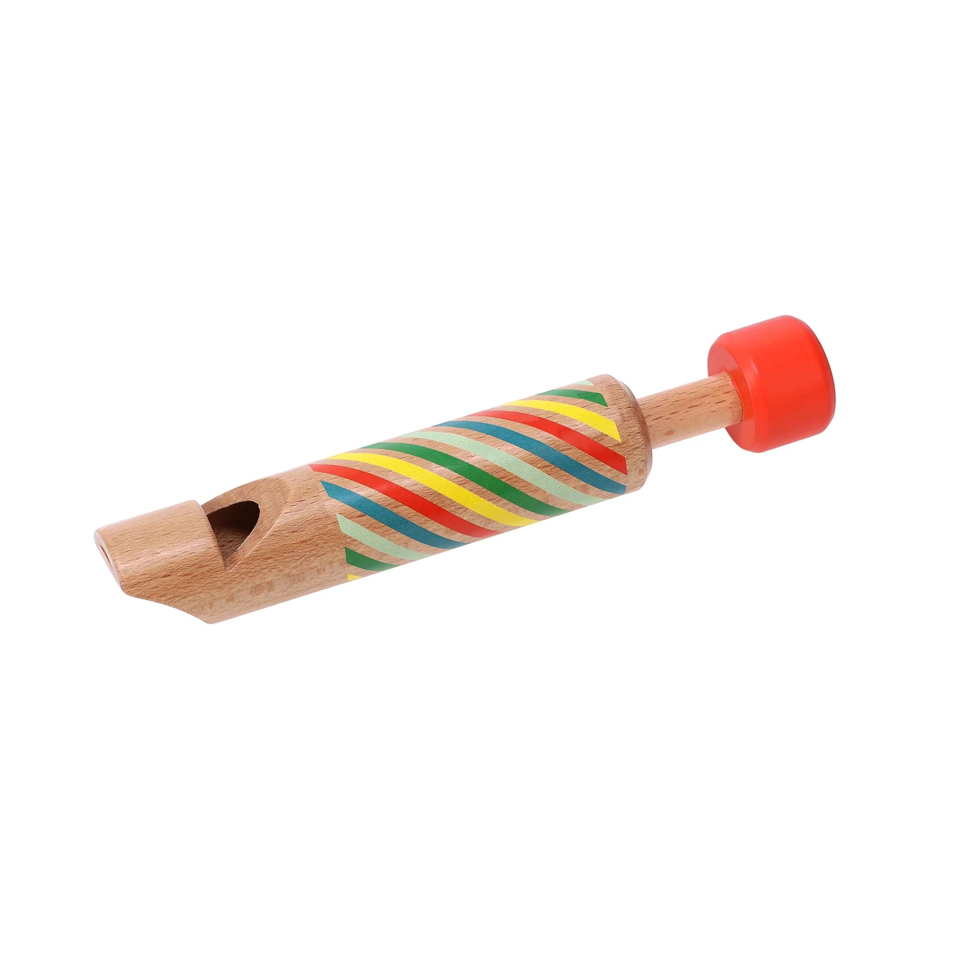 A wooden slide whistle with a colorful geometric pattern on the side and a red  wooden slide.