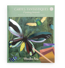 Packaging for 'Du Monde Fantasy Boards' featuring colorful illustrations of fantasy creatures and a wooden tool, by Moulin Roty.