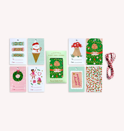 8 Holiday Christmas Tags + String 