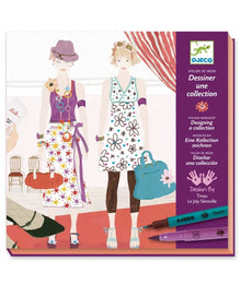 Packaging for 'Designer Collection' fashion workshop kit by Djeco, featuring illustrations of two female characters designing clothes, with a purple theme and decorative elements like flowers and a handbag.