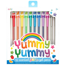 A pack of Ooly Yummy Yummy Glitter Scented Gel Pens with colorful caps and labeled with fruity scents.