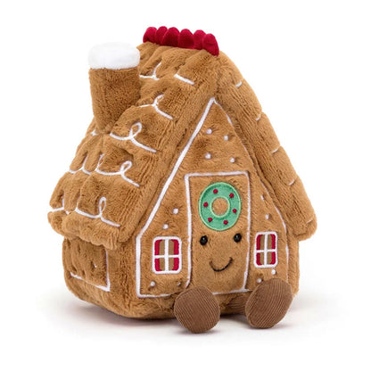 Brown gingerbread house soft toy with green Christmas wreath on front door