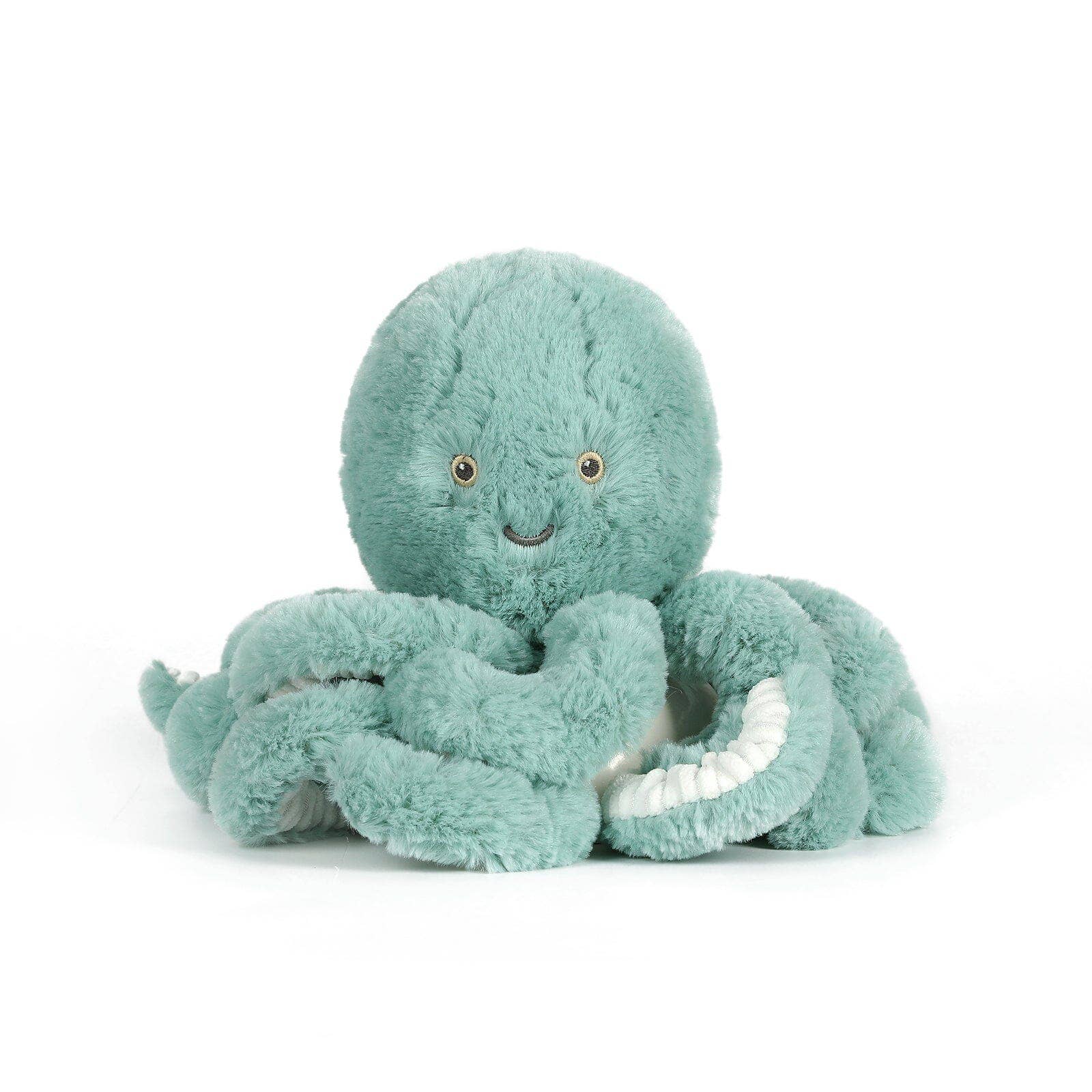 Teal plush octopus toy on a white background