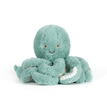 Teal plush octopus toy on a white background