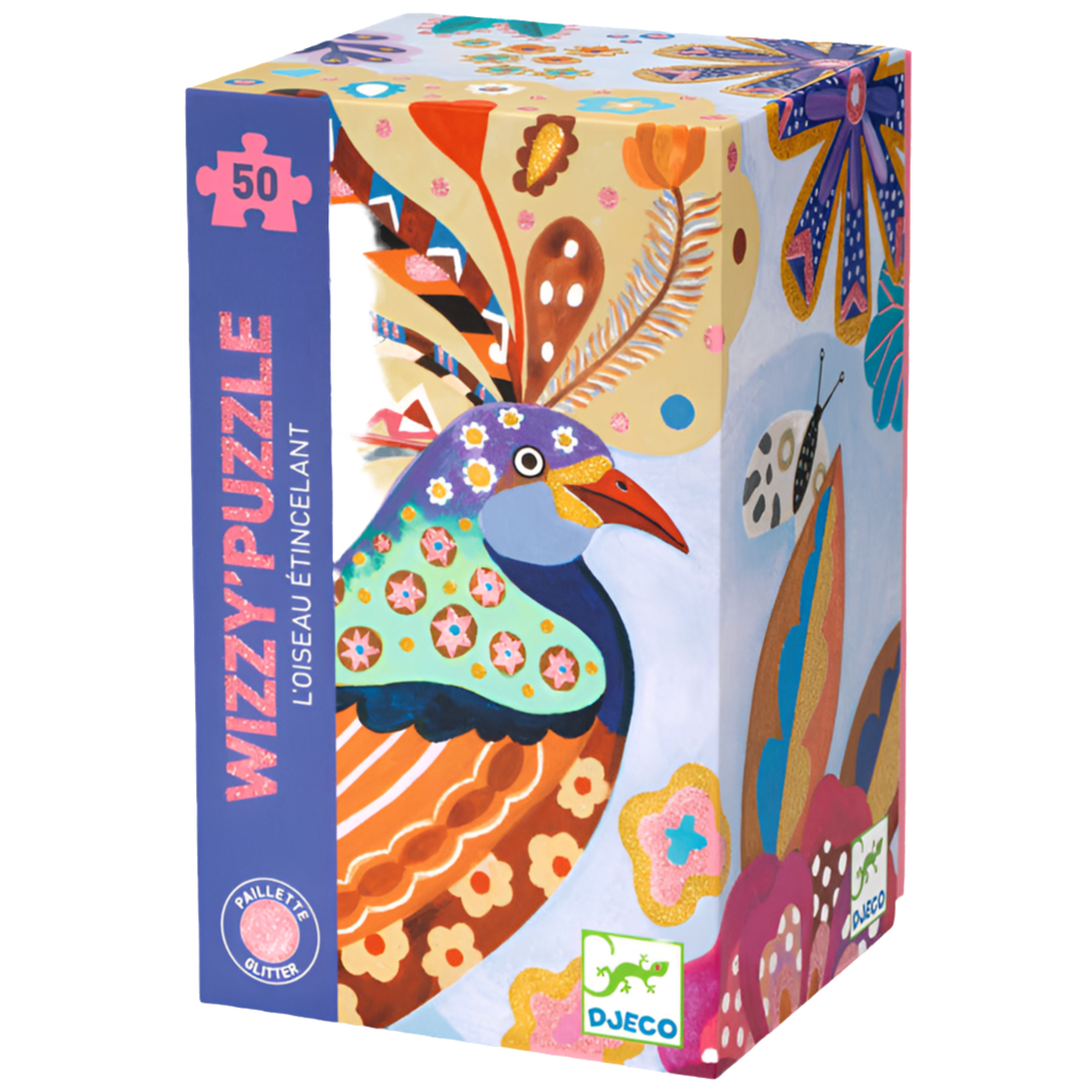 A colorful box packaging of a 50-piece jigsaw puzzle featuring a peacock with glitter accents on its feathers. The box illustrates a floral and bird-themed pattern.
