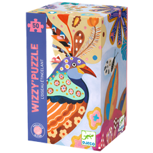 A colorful box packaging of a 50-piece jigsaw puzzle featuring a peacock with glitter accents on its feathers. The box illustrates a floral and bird-themed pattern.