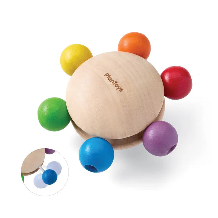 Wooden toy with colorful beads on a white background, featuring the Plantoys brand.