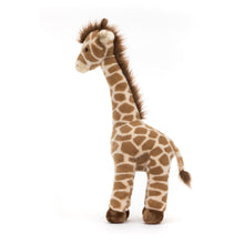 A plush toy giraffe with a brown and beige mottled pattern, cocoa brown horns, and a silky mane and tail.