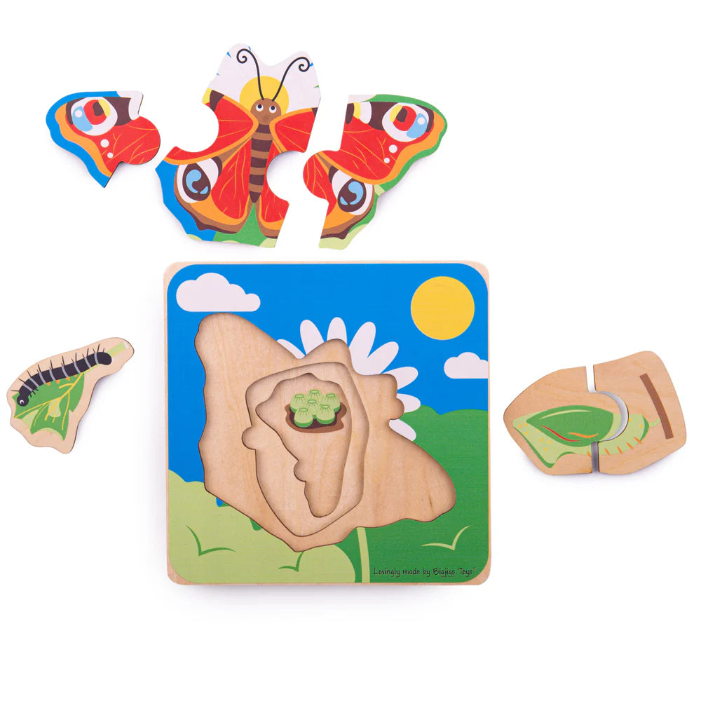 A colorful wooden layer puzzle depicting the life cycle of a butterfly, with six pieces that reveal different stages of the cycle when assembled.