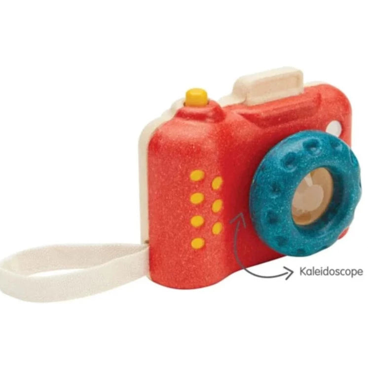 Wooden red and blue camera toy with kaleidoscope lens by Plan Toys - at Send A Toy