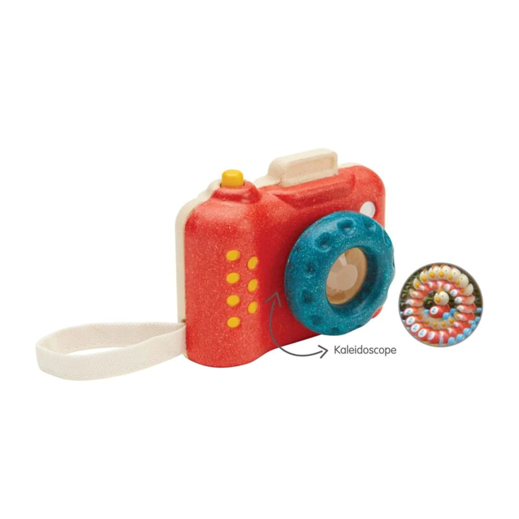 Kids wooden camera toy with kaleidoscope lens