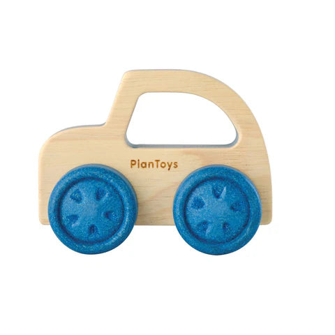 Natural wood car shape toy with large blue wheels 