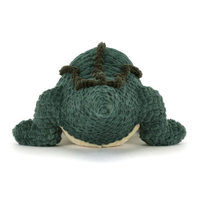 Green plush alligator soft toy on a white background