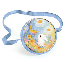 A children's handbag with an adjustable strap featuring an illustration of a white rabbit among flowers and a blue polka-dotted background.