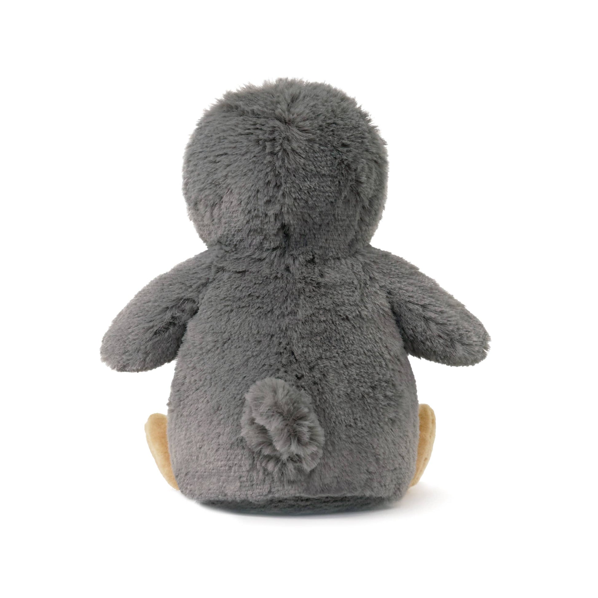 Gray plush toy with a flower detail on a white background