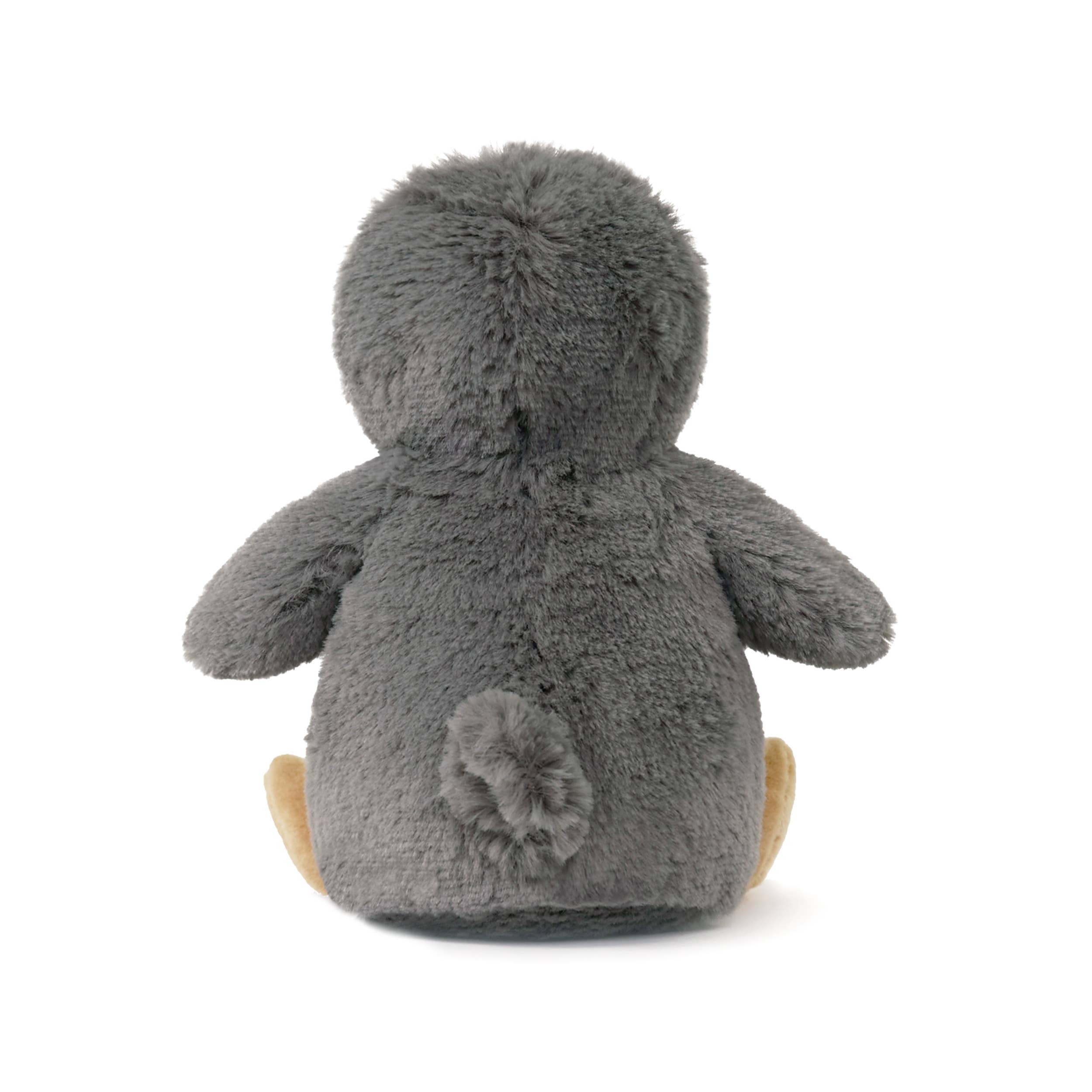 Gray plush toy with a flower detail on a white background