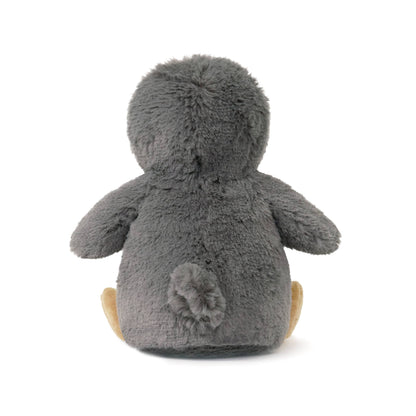 Gray plush toy with a flower detail on a white background
