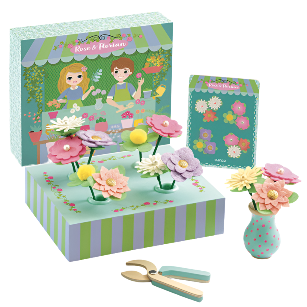 Children's floral bouquet playset with various colorful flowers, holders, a wooden vase, pruning shears, and packaging that doubles as a display tray.