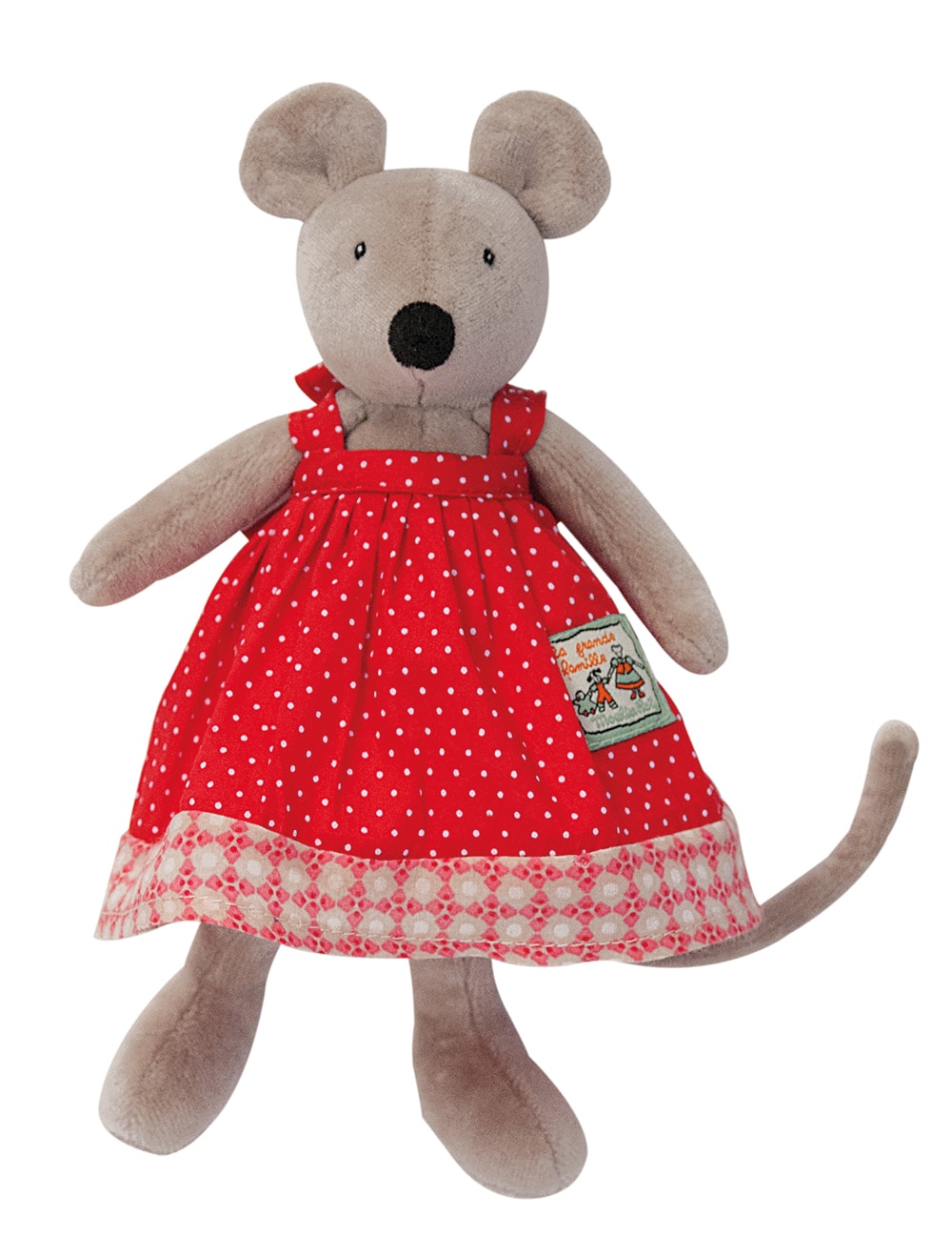 A plush toy mouse wearing a red dress with white polka dots and a patterned hem, photographed against a plain white background.