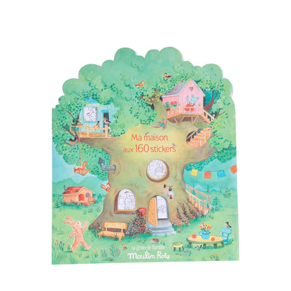 A children's sticker book titled 'Ma maison aux 160 stickers' by Mauden Rots, featuring a whimsical treehouse illustration with colorful house elements and cartoon characters on a white background.